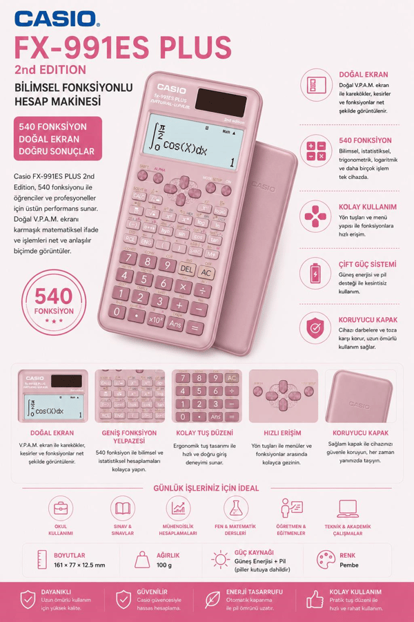 Casio FX-991ES PLUS PK Pembe Bilimsel Hesap Makinesi – 540 Fonksiyonlu, Güneş Enerjili ve Pil Destekli - Pembe