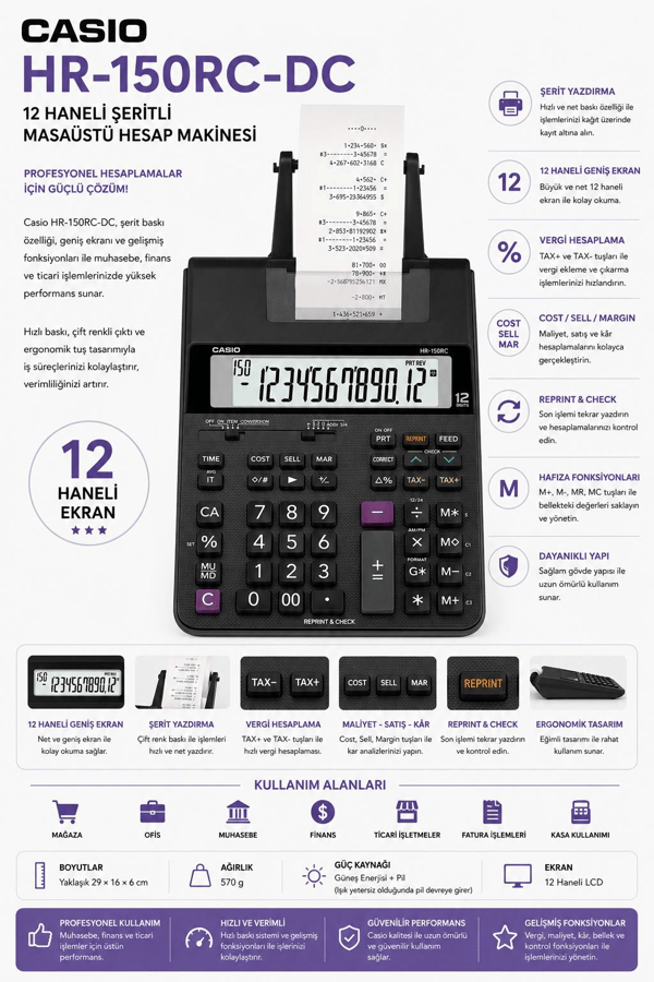 Casio HR-150RC-DC 12 Haneli Şeritli Masaüstü Hesap Makinesi