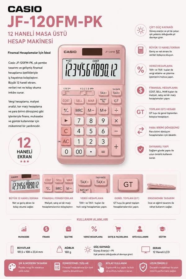 Casio JF-120FM-PK Pembe 12 Hane Masa Üstü Hesap Makinesi