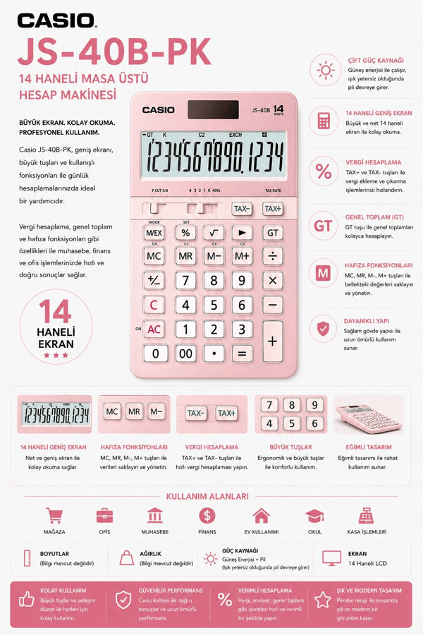 Casio JS-40B-PK Pembe Profesyonel 14 Hane Masa Üstü Hesap Makinesi