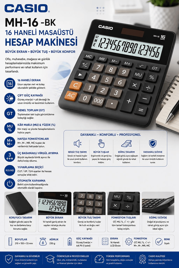 Casio MH-16 -BK Haneli Masaüstü Hesap Makinesi