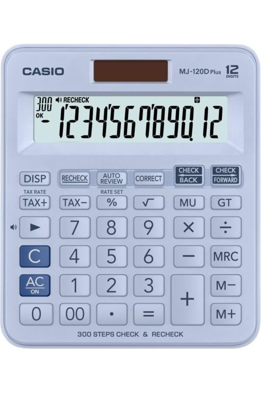 Casio MJ-120D Plus 12 Haneli Açık Mavi Masaüstü Hesap Makinesi – 300 Adım Kontrolü, Vergi ve Kâr Hesaplama Özellikli