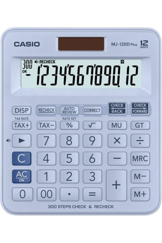 Casio MJ-120D Plus 12 Haneli Açık Mavi Masaüstü Hesap Makinesi – 300 Adım Kontrolü, Vergi ve Kâr Hesaplama Özellikli