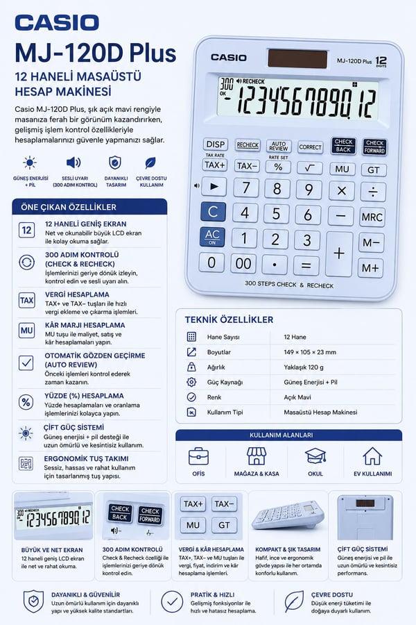 Casio MJ-120D Plus 12 Haneli Açık Mavi Masaüstü Hesap Makinesi – 300 Adım Kontrolü, Vergi ve Kâr Hesaplama Özellikli