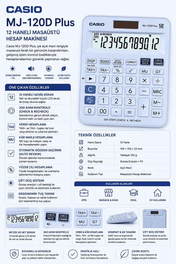 Casio MJ-120D Plus 12 Haneli Açık Mavi Masaüstü Hesap Makinesi – 300 Adım Kontrolü, Vergi ve Kâr Hesaplama Özellikli