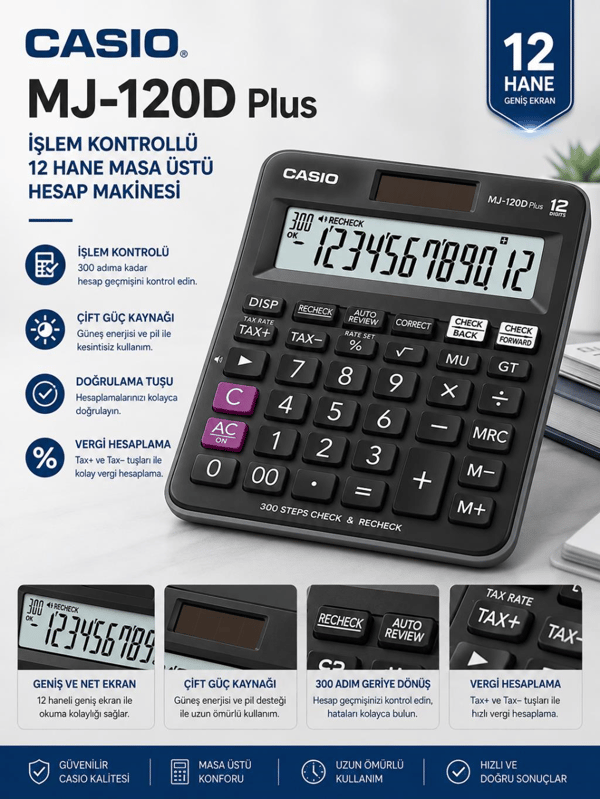 Casio MJ-120D Plus İşlem Kontrollü 12 Haneli Masaüstü Hesap Makinesi