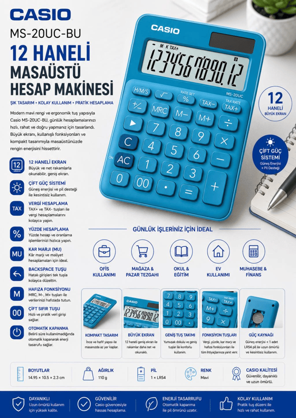 Casio MS-20UC-BU 12 Haneli Mavi Masaüstü Hesap Makinesi 