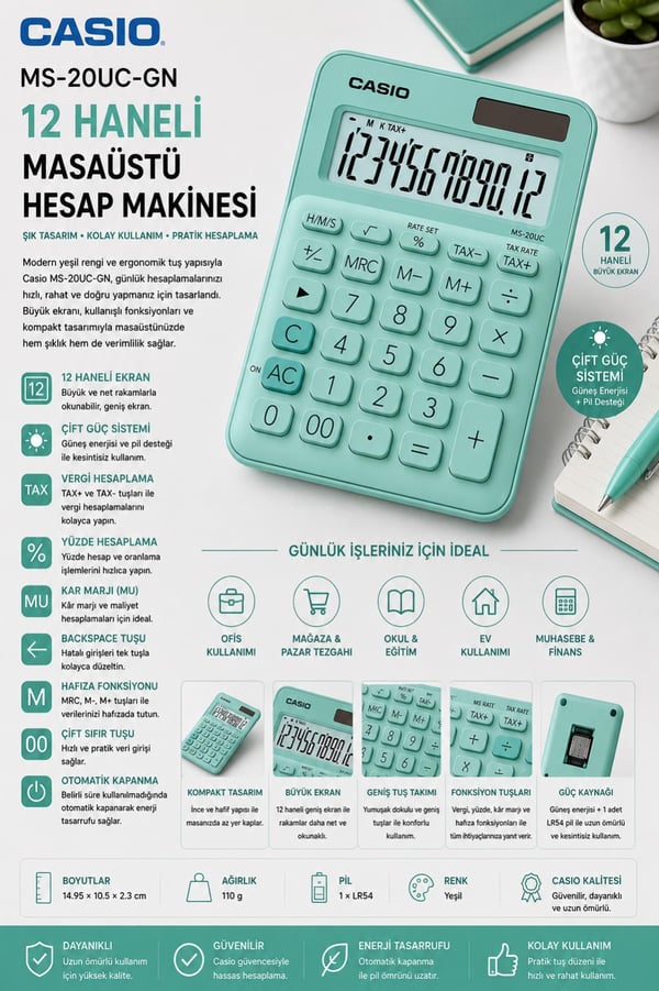 Casio MS-20UC-GN 12 Haneli Yeşil Masaüstü Hesap Makinesi – iF Design Award Ödüllü “Colorful Calculator” Serisi