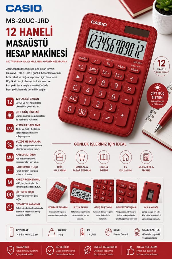Casio MS-20UC-JRD 12 Hane Kırmızı Desenli Masa Üstü Hesap Makinesi