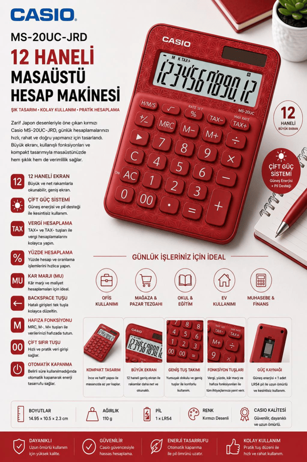 Casio MS-20UC-JRD 12 Hane Kırmızı Desenli Masa Üstü Hesap Makinesi