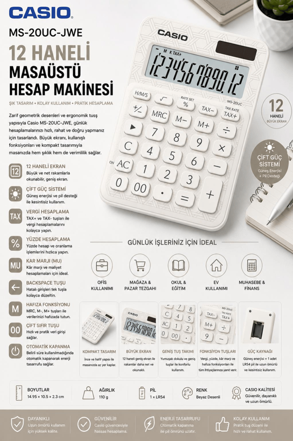 Casio MS-20UC-JWE 12 Hane Beyaz Desenli Masa Üstü Hesap Makinesi