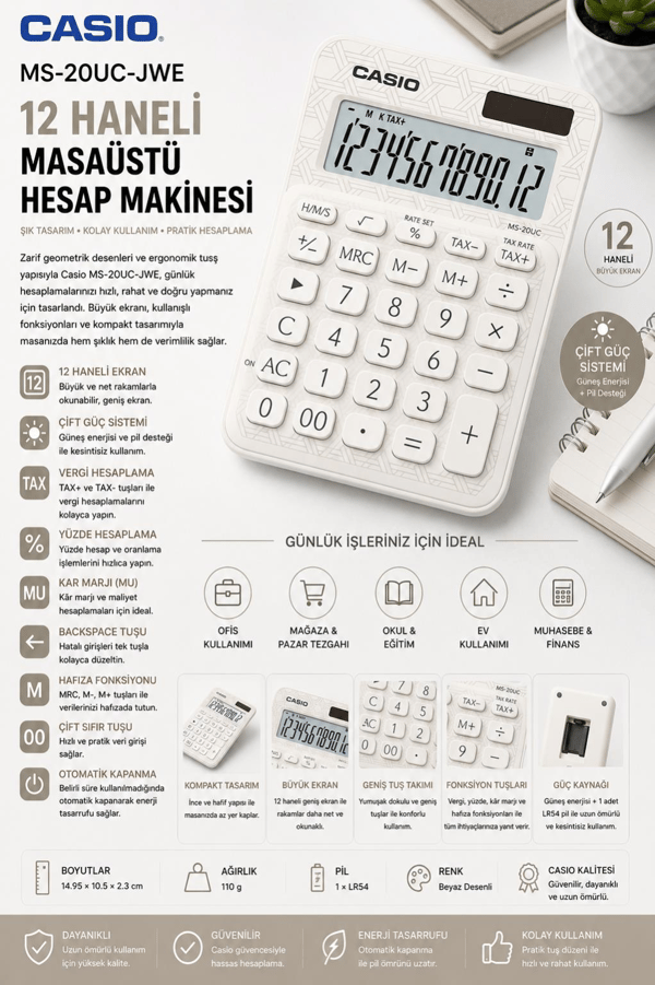 Casio MS-20UC-JWE 12 Hane Beyaz Desenli Masa Üstü Hesap Makinesi