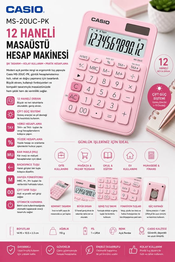 Casio MS-20UC-PK 12 Hane Açık Pembe Masa Üstü Hesap Makinesi