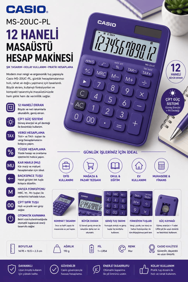 Casio MS-20UC-PL 12 Haneli Mor Masaüstü Hesap Makinesi 