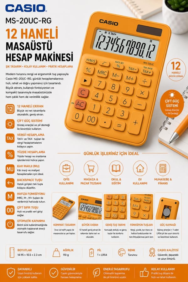 Casio MS-20UC-RG 12 Hane Turuncu Masa Üstü Hesap Makinesi