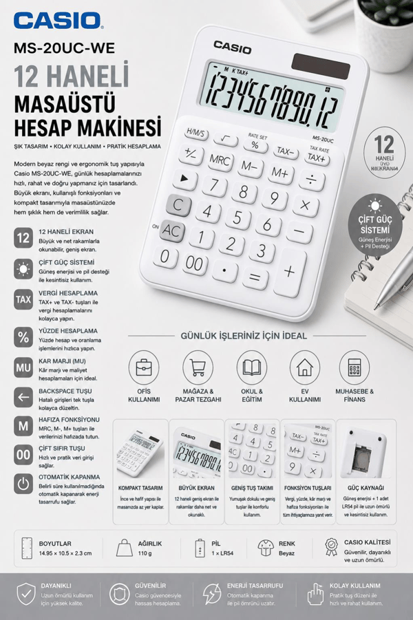 Casio MS-20UC-WE 12 Haneli Beyaz Masaüstü Hesap Makinesi 