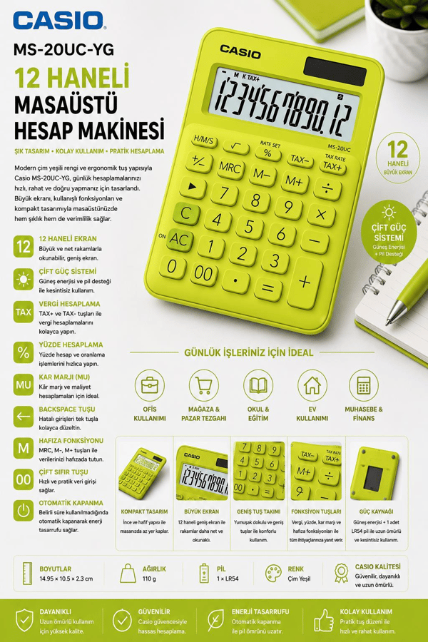 Casio MS-20UC-YG 12 Hane Çim Yeşil Masa Üstü Hesap Makinesi