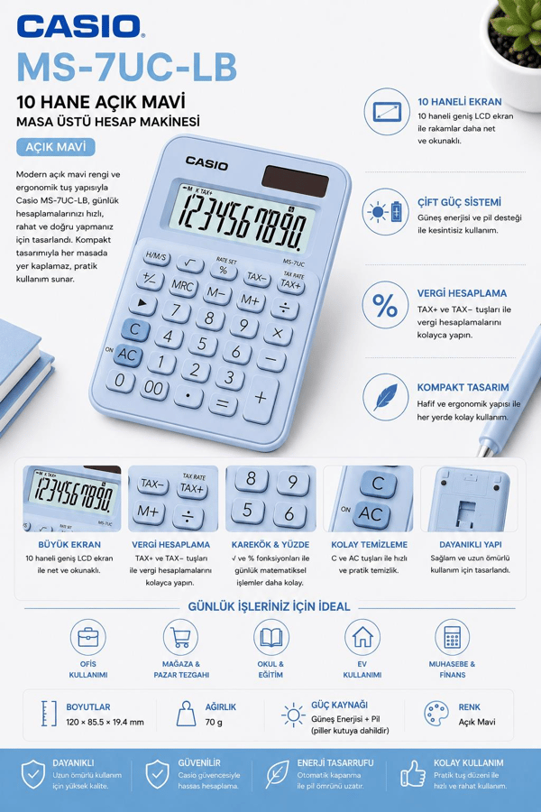 Casio MS-7UC-LB 10 Hane Açık Mavi Masa Üstü Hesap Makinesi