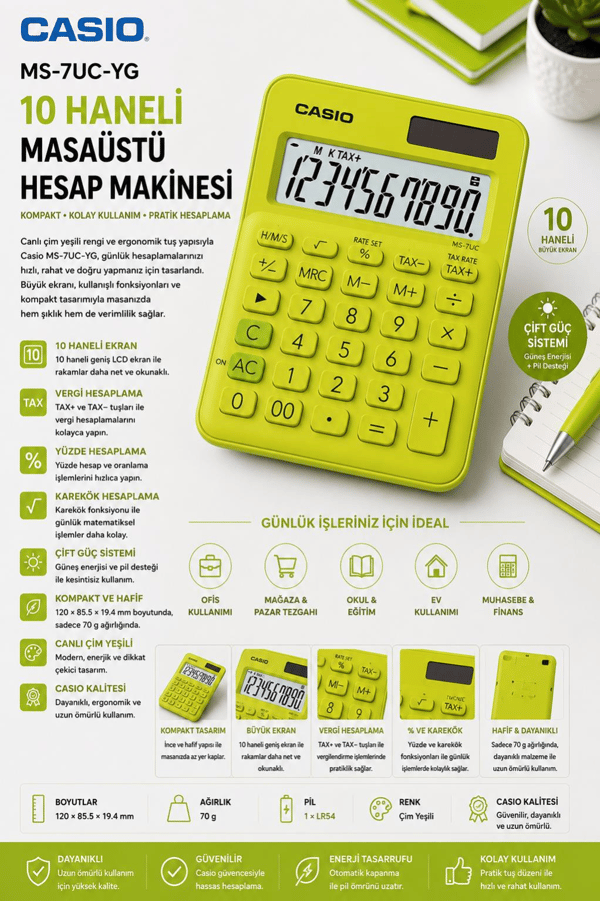 Casio MS-7UC-YG 10 Haneli Çim Yeşili Masaüstü Hesap Makinesi