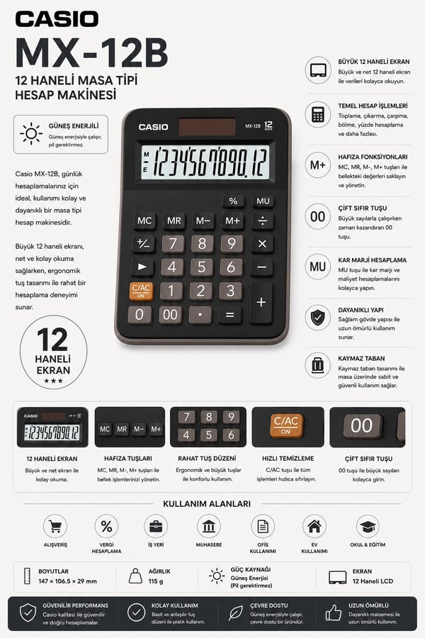 Casio MX-12B 12 Haneli Masa Tipi Hesap Makinesi – Geniş Ekranlı, Çift Güç Kaynaklı, Dayanıklı Tasarım
