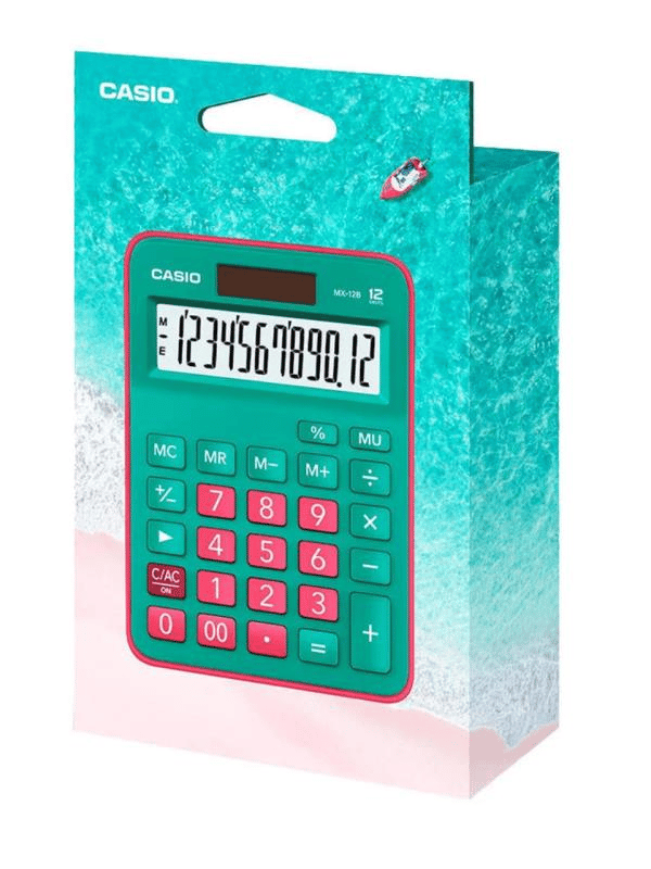 Casio MX-12B-GNRD 12 Haneli Yeşil + Pembe Masaüstü Hesap Makinesi – Güneş Enerjili, Renkli ve Ergonomik Tasarım