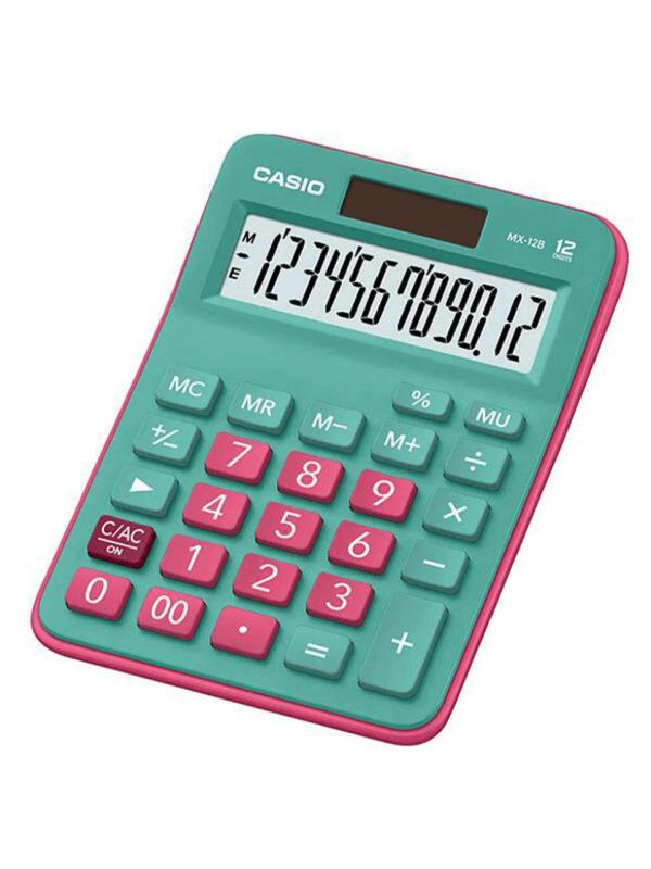 Casio MX-12B-GNRD 12 Haneli Yeşil + Pembe Masaüstü Hesap Makinesi – Güneş Enerjili, Renkli ve Ergonomik Tasarım