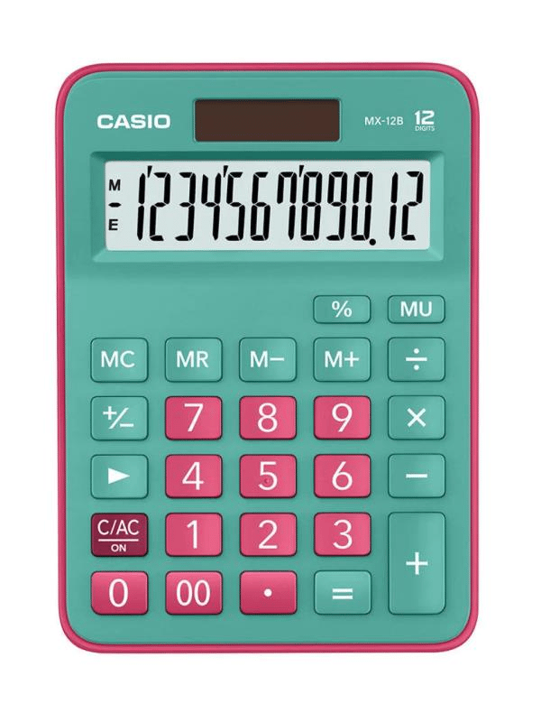 Casio MX-12B-GNRD 12 Haneli Yeşil + Pembe Masaüstü Hesap Makinesi – Güneş Enerjili, Renkli ve Ergonomik Tasarım