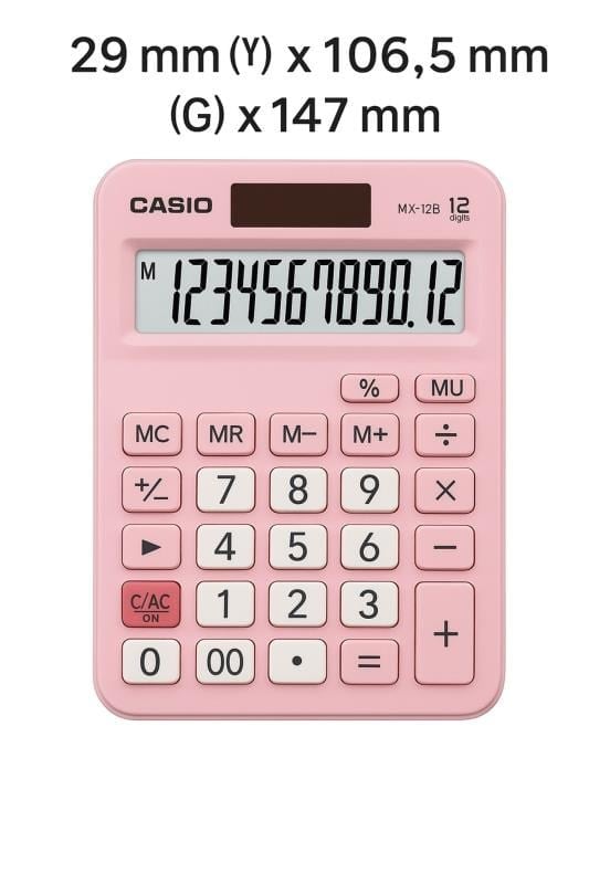 Casio MX-12B-PK 12 Haneli Pembe Masaüstü Hesap Makinesi – Güneş Enerjili, Geniş Ekranlı ve Şık Tasarım