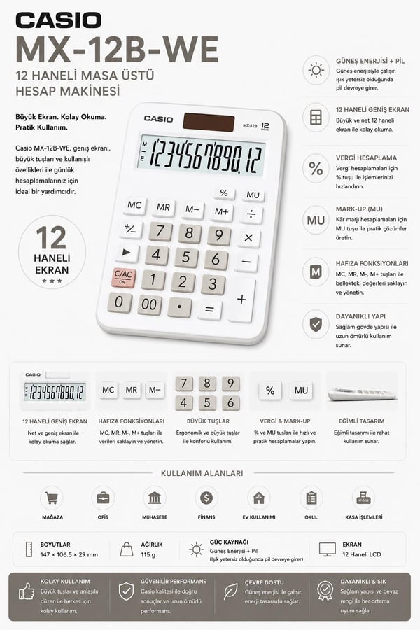 Casio MX-12B-WE 12 Haneli Beyaz Masaüstü Hesap Makinesi – Güneş Enerjili, Geniş Ekranlı ve Ergonomik Tasarım