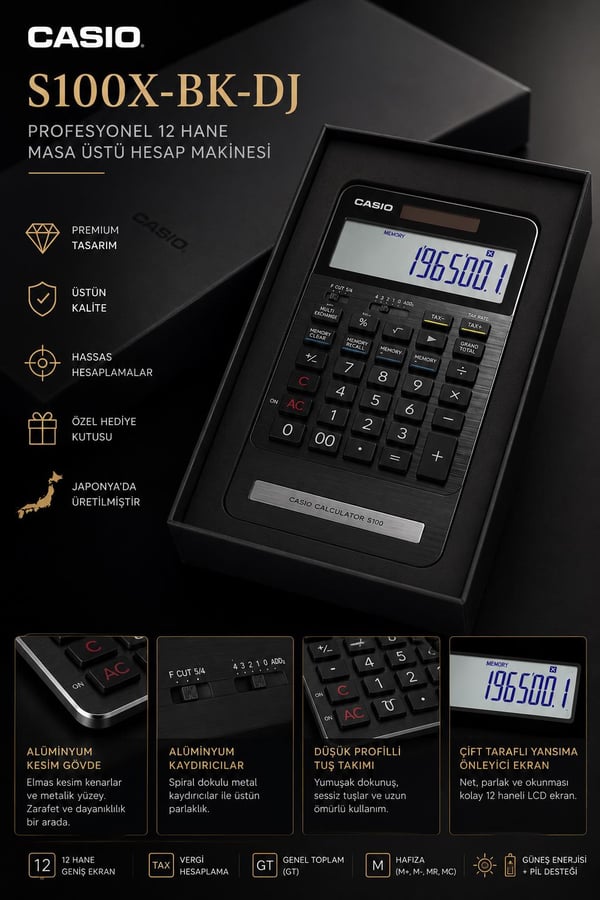 Casio S100X-BK-DJ Profesyonel 12 Hane Masa Üstü Hesap Makinesi