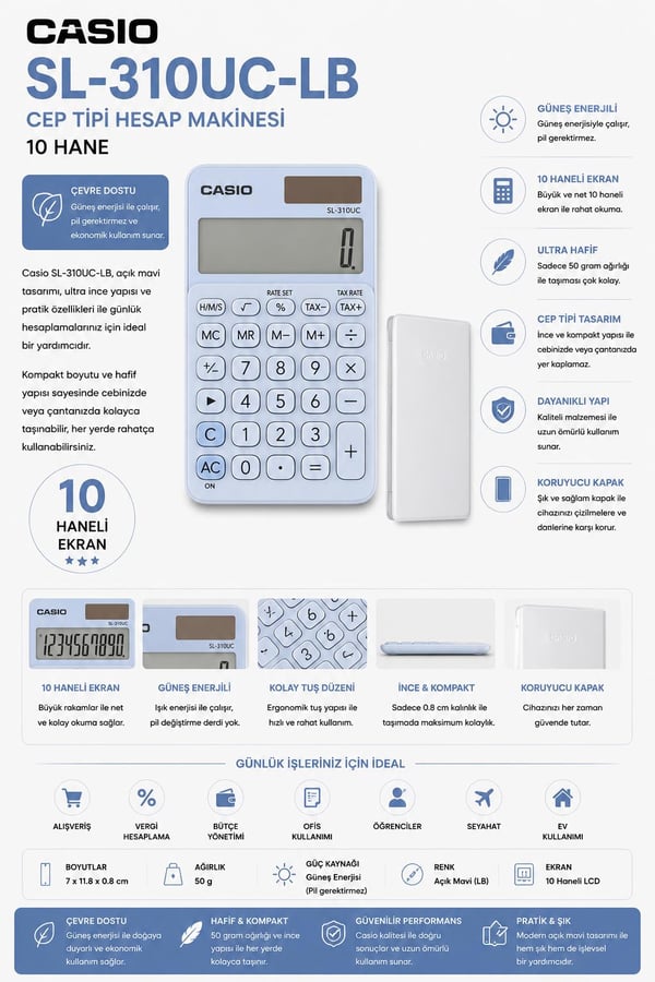 Casio SL-310UC-LB Cep Tipi 10 Hane Açık Mavi Hesap Makinesi
