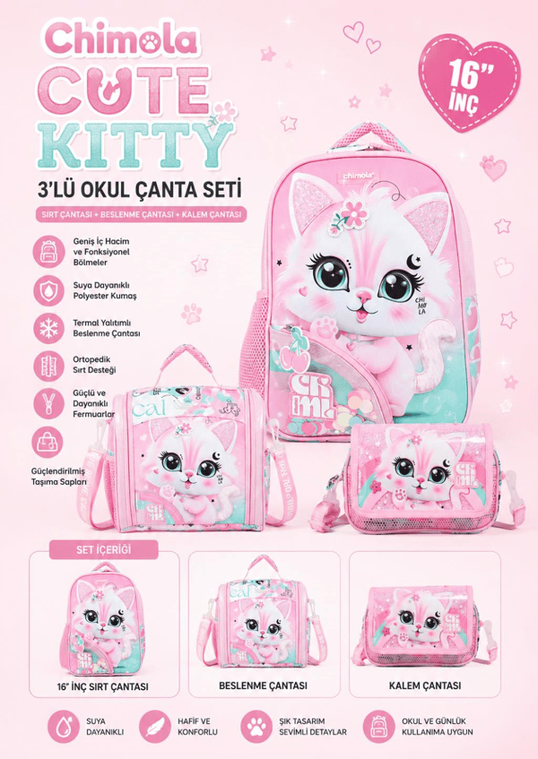Chimola Cute Kitty 3'lü Okul Çanta Seti | 16