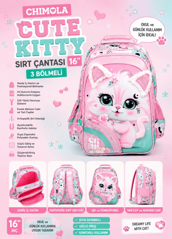 Chimola Cute Kitty 3'lü Okul Çanta Seti | 16