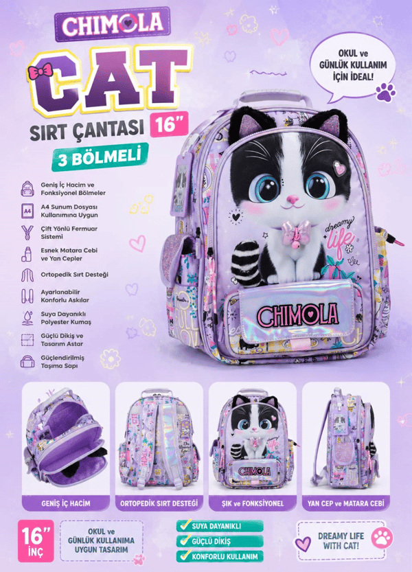 Chimola Dreamy Cat 3'lü Okul Çanta Seti | 16