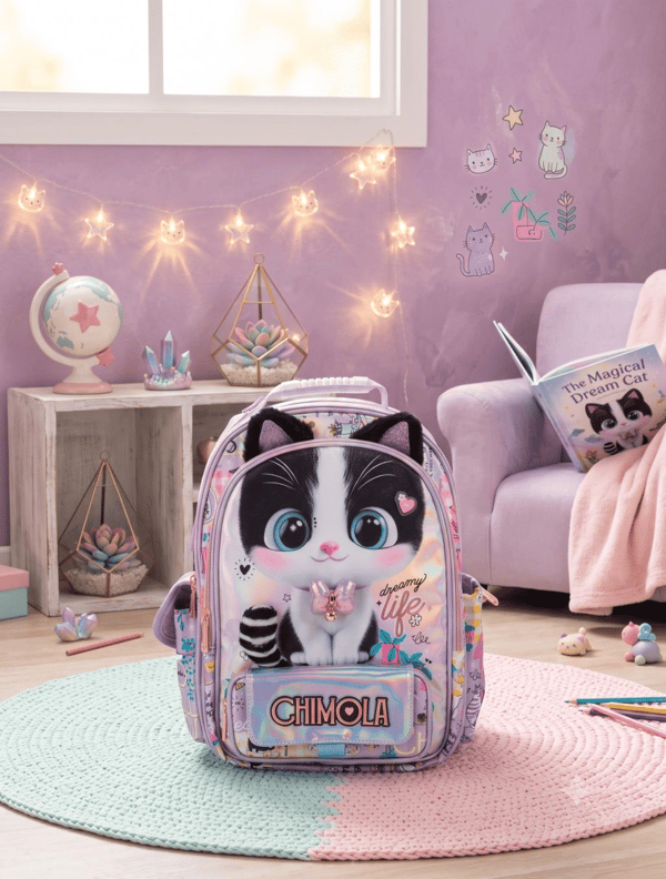Chimola Dreamy Life Kedi Desenli 12 İnç Anaokulu Sırt Çantası – Peluş Kulaklı Lila BT287