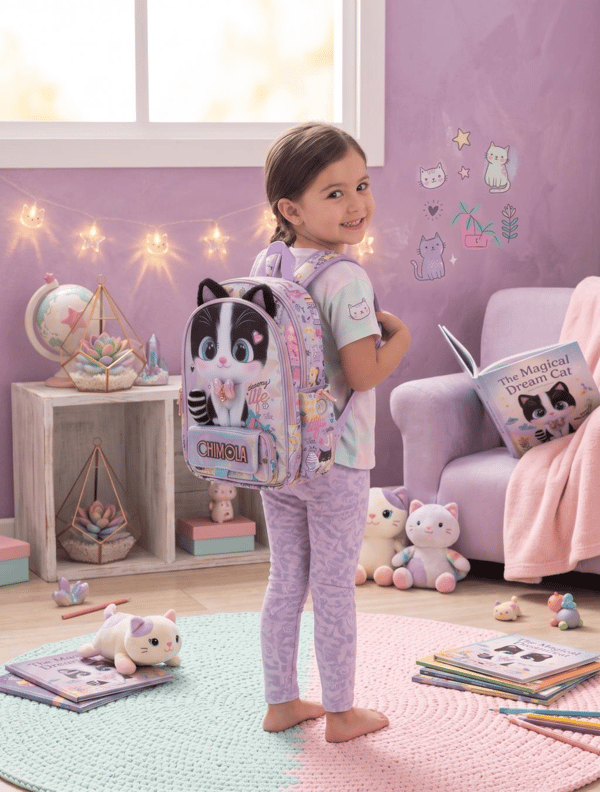 Chimola Dreamy Life Kedi Desenli 12 İnç Anaokulu Sırt Çantası – Peluş Kulaklı Lila BT287