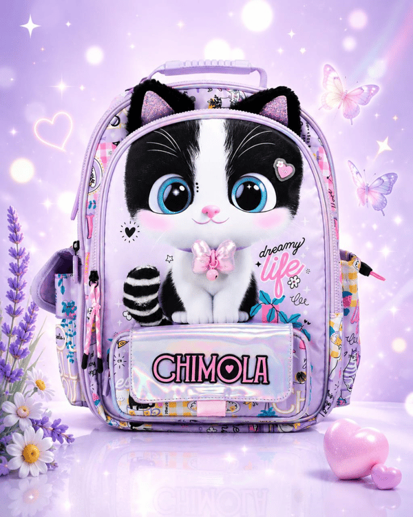 Chimola Dreamy Life Kedi Desenli 12 İnç Anaokulu Sırt Çantası – Peluş Kulaklı Lila BT287