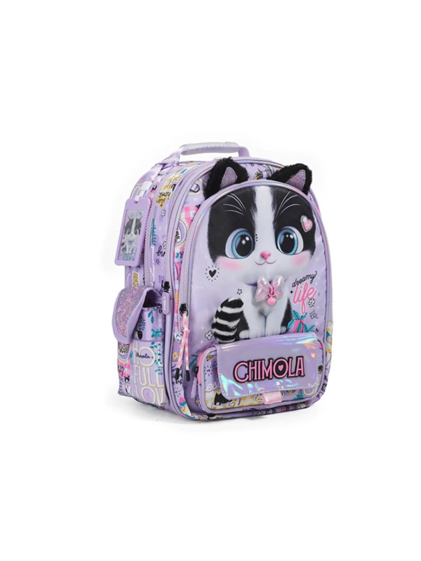 Chimola Dreamy Life Kedi Desenli 12 İnç Anaokulu Sırt Çantası – Peluş Kulaklı Lila BT287