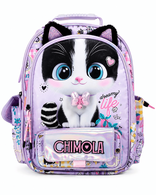Chimola Dreamy Life Kedi Desenli 12 İnç Anaokulu Sırt Çantası – Peluş Kulaklı Lila BT287
