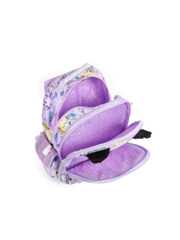Chimola Dreamy Life Kedi Desenli 16 İnç Çekçekli Anaokulu Sırt Çantası – Peluş Kulaklı Lila BT285