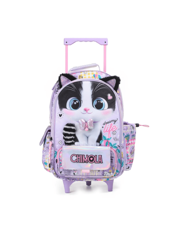 Chimola Dreamy Life Kedi Desenli 16 İnç Çekçekli Anaokulu Sırt Çantası – Peluş Kulaklı Lila BT285