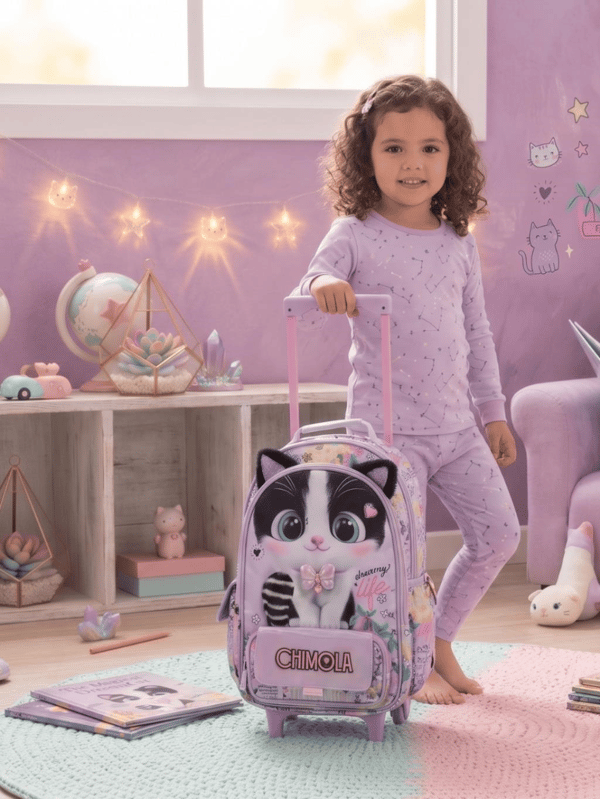 Chimola Dreamy Life Kedi Desenli 16 İnç Çekçekli Anaokulu Sırt Çantası – Peluş Kulaklı Lila BT285