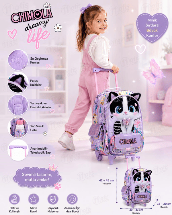 Chimola Dreamy Life Kedi Desenli 16 İnç Çekçekli Anaokulu Sırt Çantası – Peluş Kulaklı Lila BT285