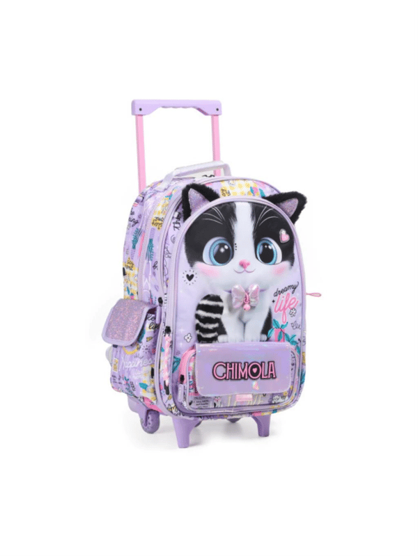 Chimola Dreamy Life Kedi Desenli 16 İnç Çekçekli Anaokulu Sırt Çantası – Peluş Kulaklı Lila BT285