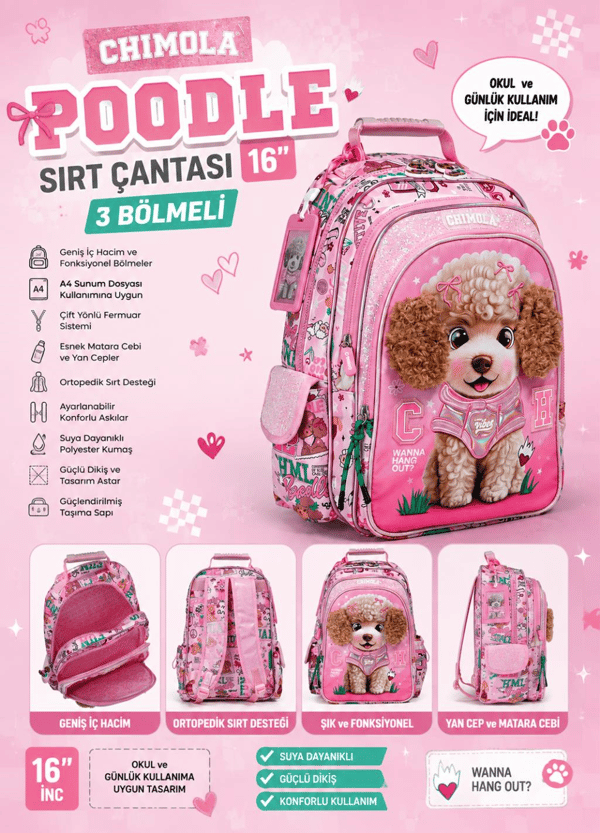 Chimola Poodle 3'lü Okul Çanta Seti | 16