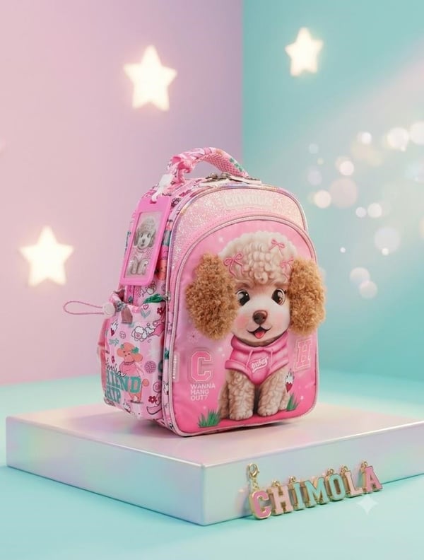 Chimola Puppy Vibes Poodle Desenli 12 İnç Anaokulu Sırt Çantası – Peluş Kulaklı BT289