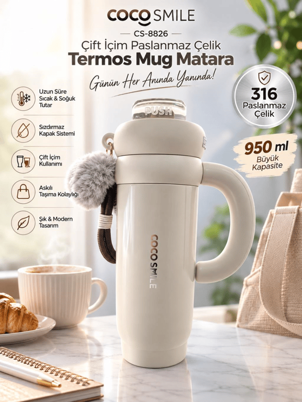 CocoSmile CS-8826 Krem 950 ml Çift İçim Paslanmaz Çelik Termos Mug