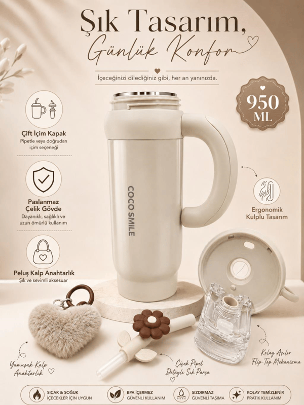 CocoSmile CS-8826 Krem 950 ml Çift İçim Paslanmaz Çelik Termos Mug