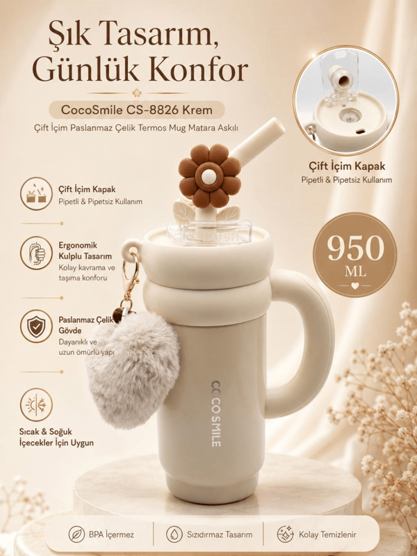 CocoSmile CS-8826 Krem 950 ml Çift İçim Paslanmaz Çelik Termos Mug