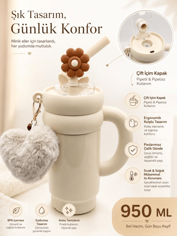 CocoSmile CS-8826 Krem 950 ml Çift İçim Paslanmaz Çelik Termos Mug